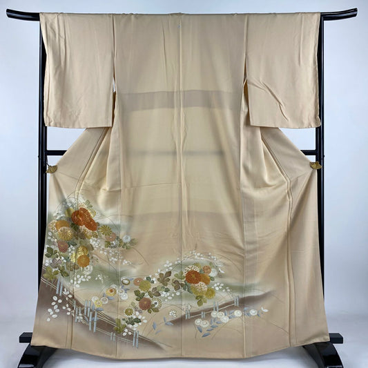 色留袖禮服 身長165cm 袖長66cm M 雙層 菊花 萩 金絲 金銀彩 米色 純蠶絲 秀品級 一個紋