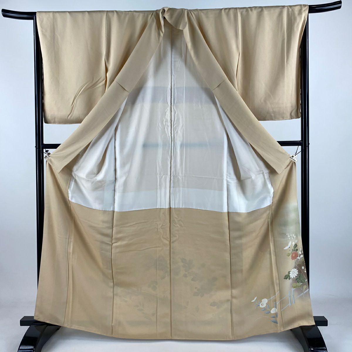 色留袖禮服 身長165cm 袖長66cm M 雙層 菊花 萩 金絲 金銀彩 米色 純蠶絲 秀品級 一個紋