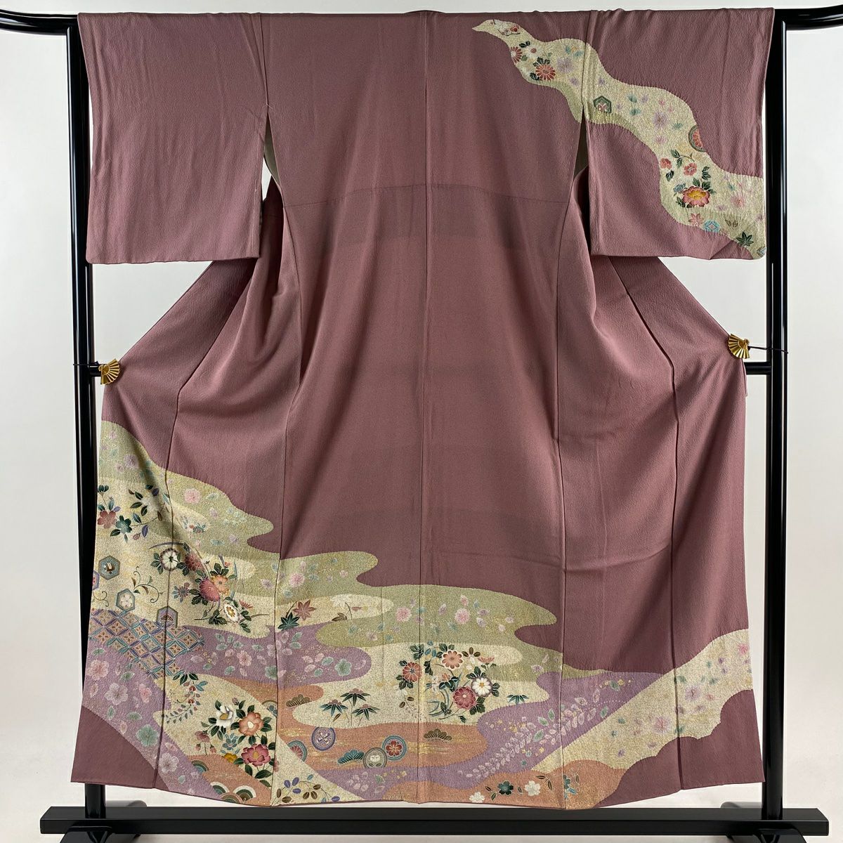 訪問服 身長154cm 袖長64.5cm M 雙層 草花紋紋 有職文樣 金銀彩 縮緬 薄紫 純蠶絲 秀品級