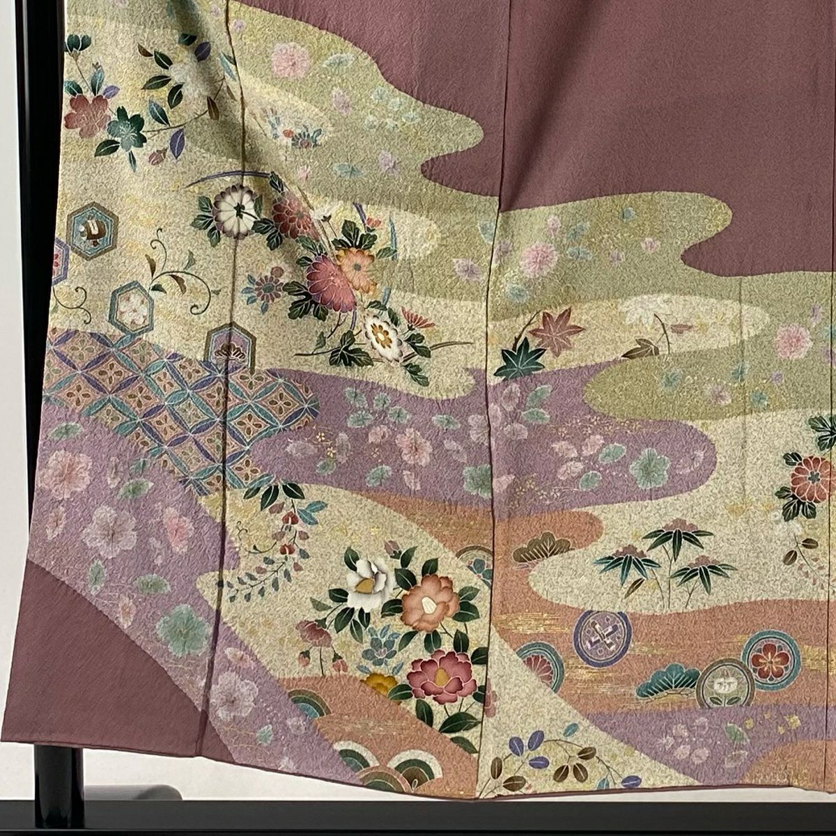 訪問服 身長154cm 袖長64.5cm M 雙層 草花紋紋 有職文樣 金銀彩 縮緬 薄紫 純蠶絲 秀品級