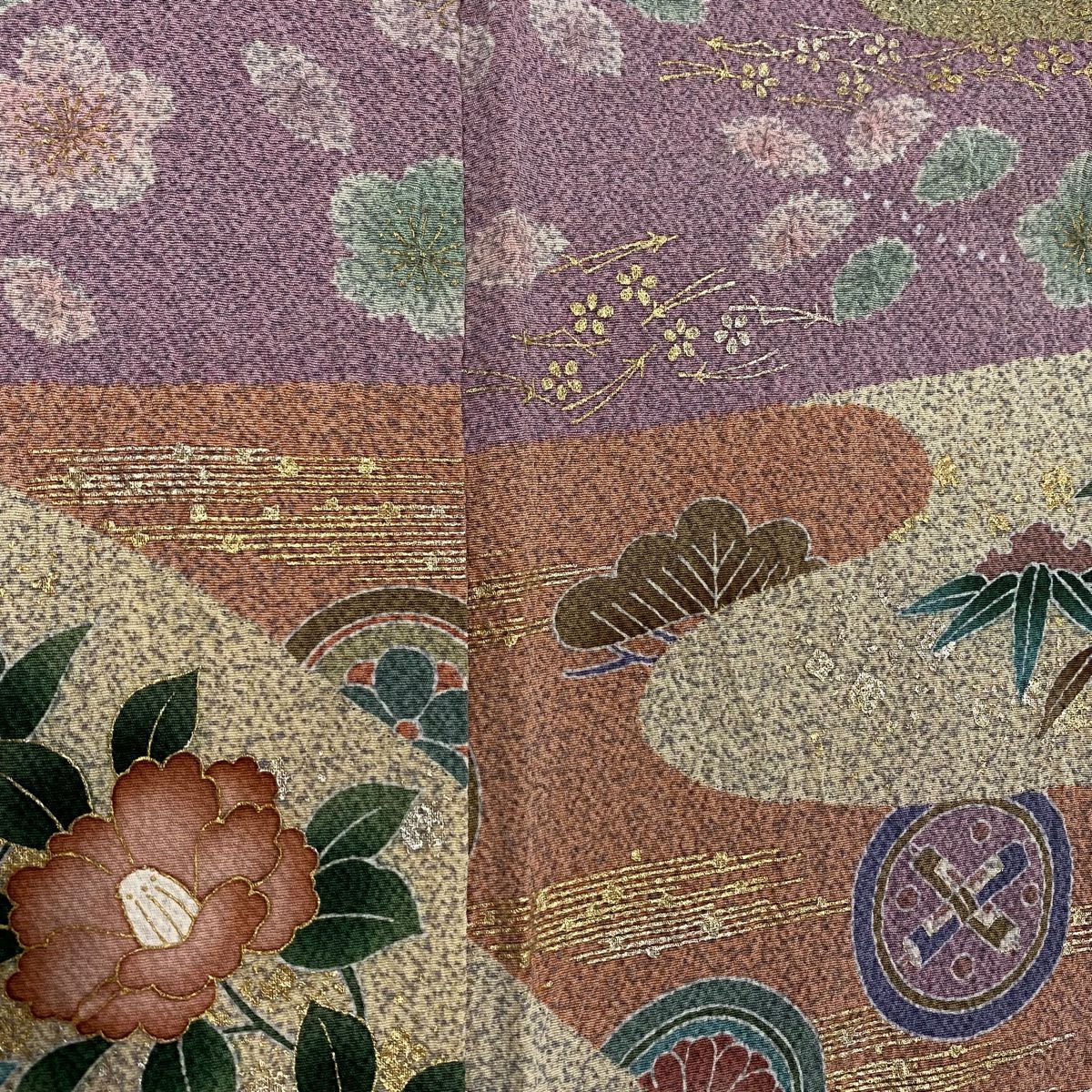 訪問服 身長154cm 袖長64.5cm M 雙層 草花紋紋 有職文樣 金銀彩 縮緬 薄紫 純蠶絲 秀品級