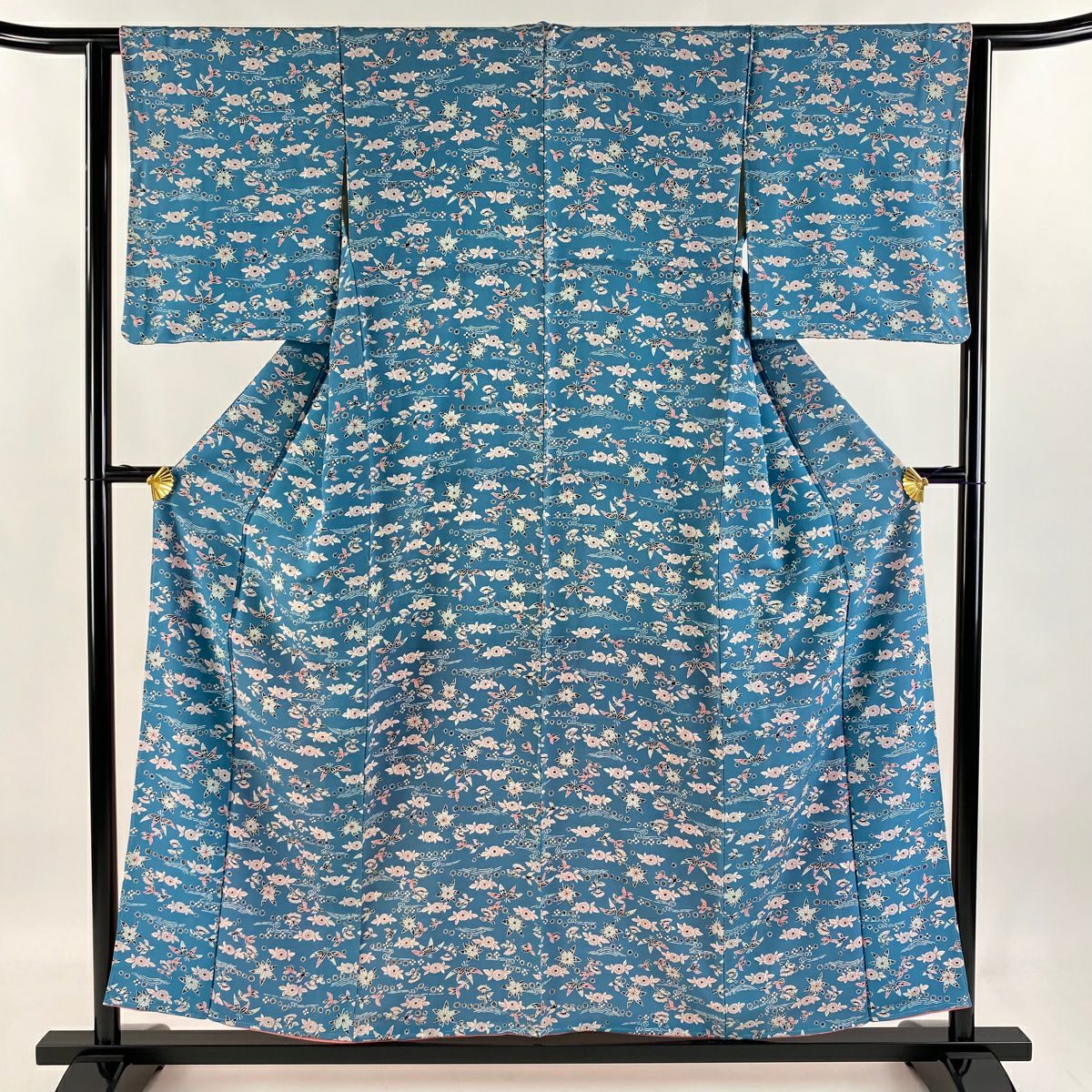 小紋 身長154.5cm 袖長62.5cm S 雙層 花鳥 流水 青綠 純蠶絲 優品級