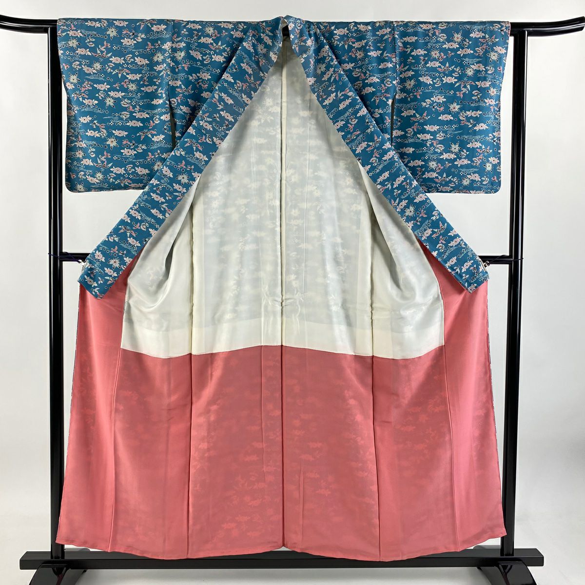 小紋 身長154.5cm 袖長62.5cm S 雙層 花鳥 流水 青綠 純蠶絲 優品級