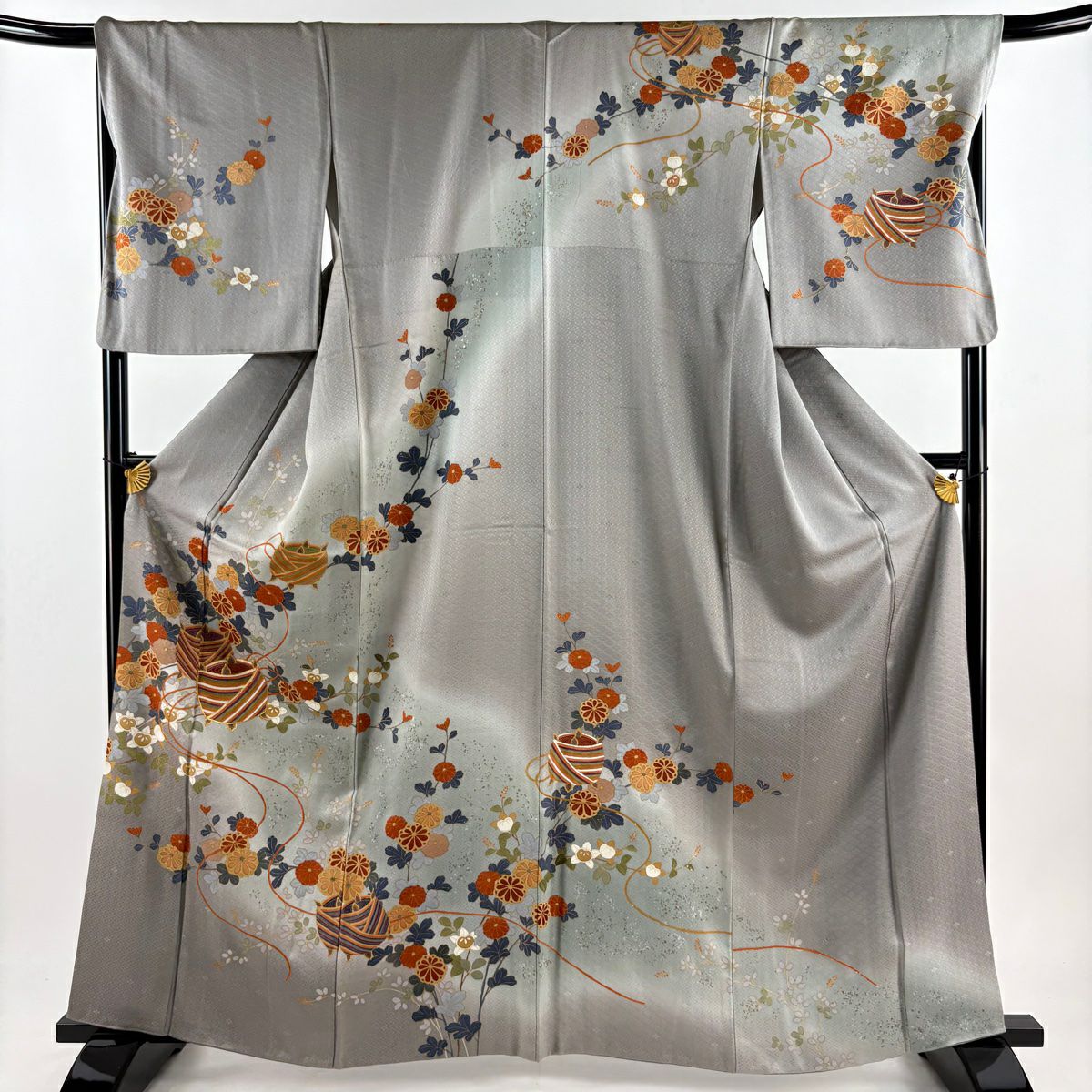 訪問服 身長163cm 袖長67cm M 雙層 菊花 花紋 金絲 金銀彩 灰 純蠶絲 秀品級