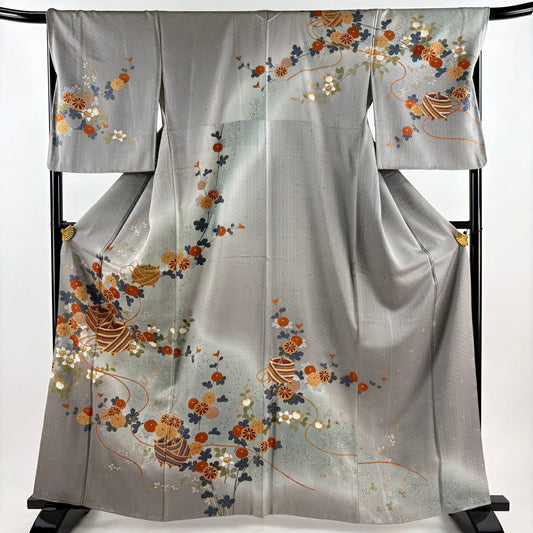 訪問服 身長163cm 袖長67cm M 雙層 菊花 花紋 金絲 金銀彩 灰 純蠶絲 秀品級