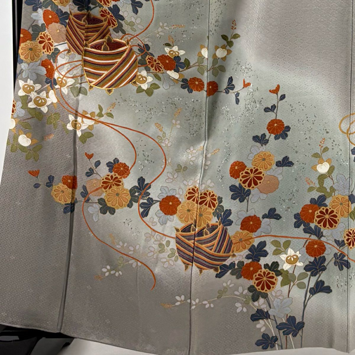 訪問服 身長163cm 袖長67cm M 雙層 菊花 花紋 金絲 金銀彩 灰 純蠶絲 秀品級