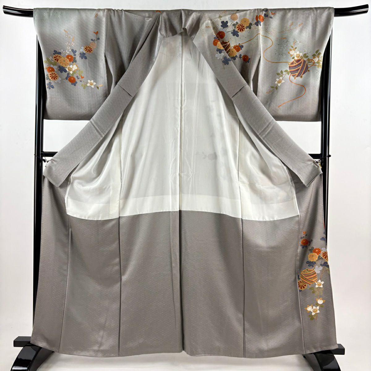訪問服 身長163cm 袖長67cm M 雙層 菊花 花紋 金絲 金銀彩 灰 純蠶絲 秀品級