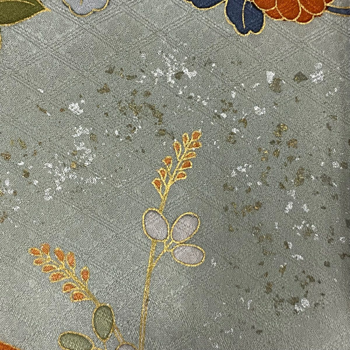 訪問服 身長163cm 袖長67cm M 雙層 菊花 花紋 金絲 金銀彩 灰 純蠶絲 秀品級