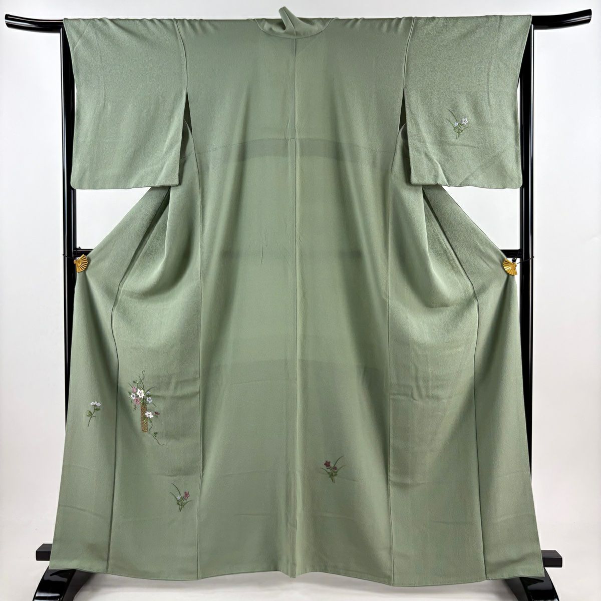 付下 身長162.5cm 袖長64.5cm M 雙層 花籠 桔梗 刺繡 金線 灰綠 純蠶絲 優品級