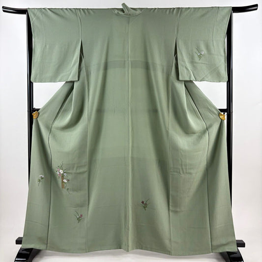 付下 身長162.5cm 袖長64.5cm M 雙層 花籠 桔梗 刺繡 金線 灰綠 純蠶絲 優品級