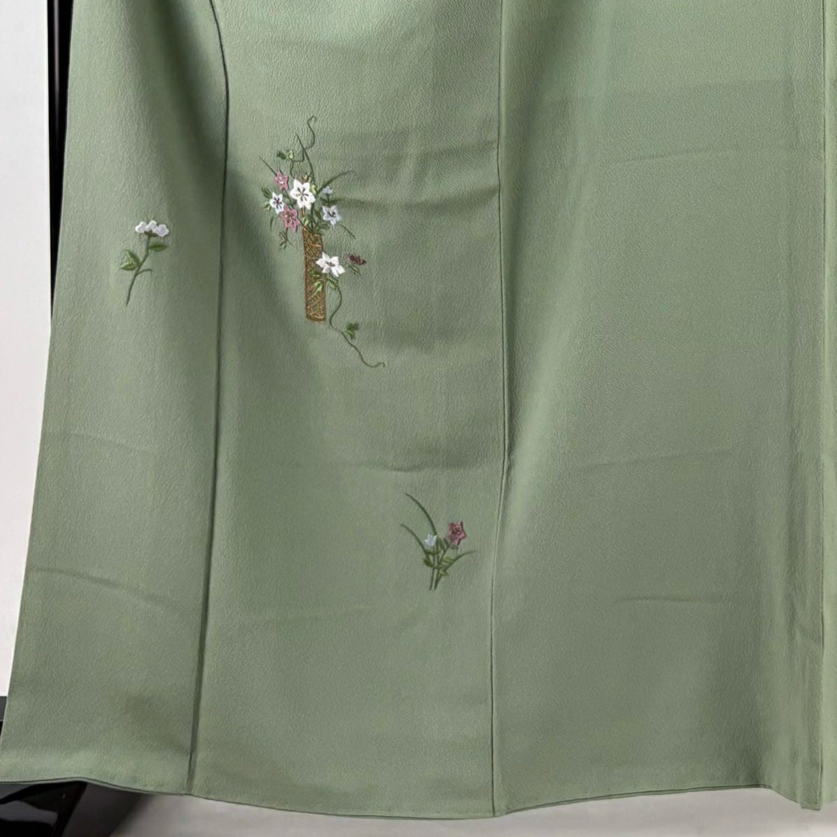 付下 身長162.5cm 袖長64.5cm M 雙層 花籠 桔梗 刺繡 金線 灰綠 純蠶絲 優品級