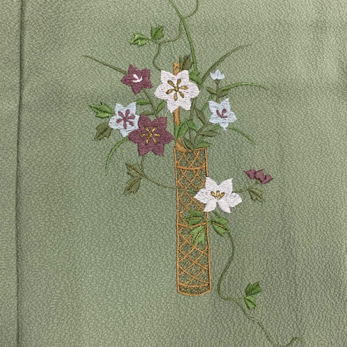 付下 身長162.5cm 袖長64.5cm M 雙層 花籠 桔梗 刺繡 金線 灰綠 純蠶絲 優品級