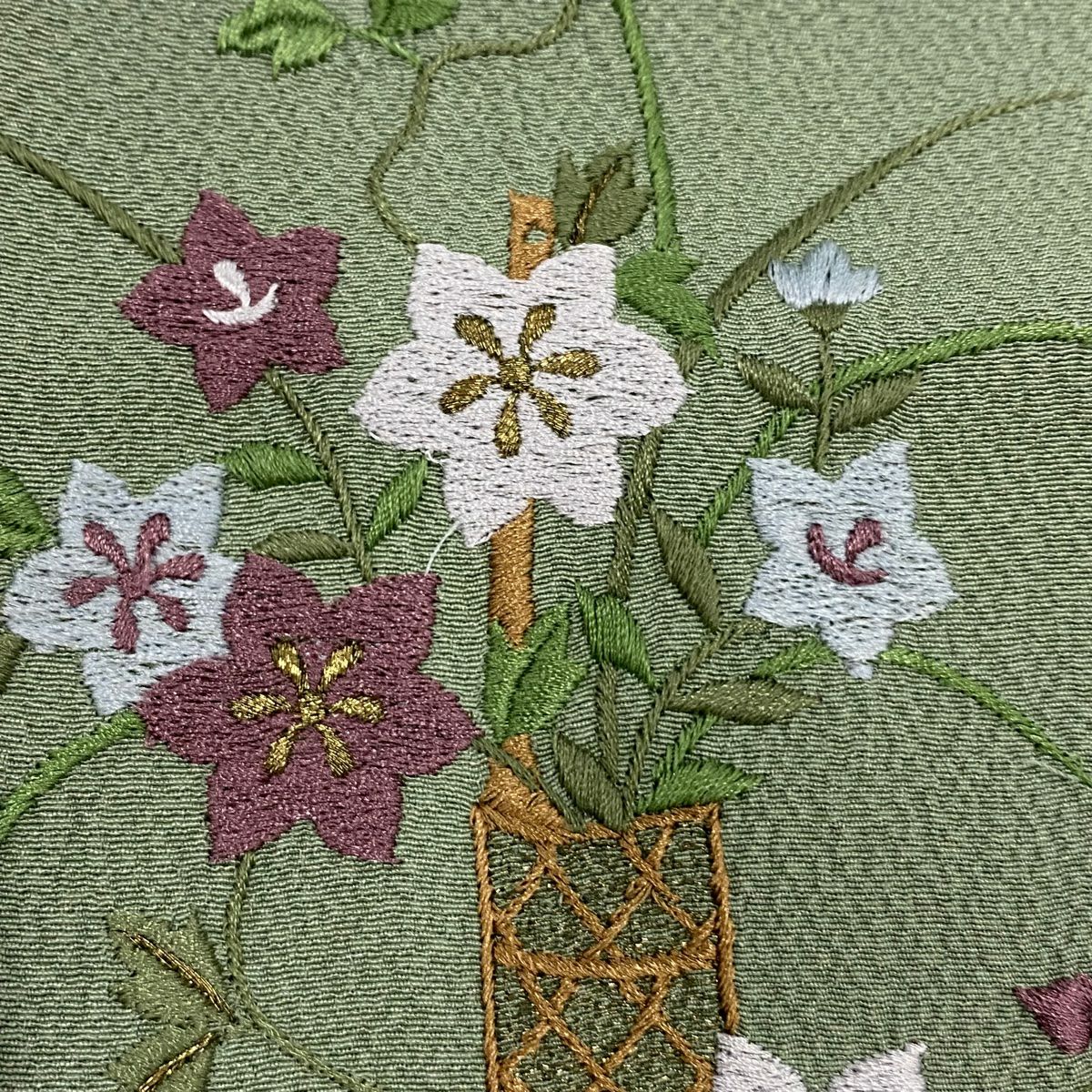 付下 身長162.5cm 袖長64.5cm M 雙層 花籠 桔梗 刺繡 金線 灰綠 純蠶絲 優品級