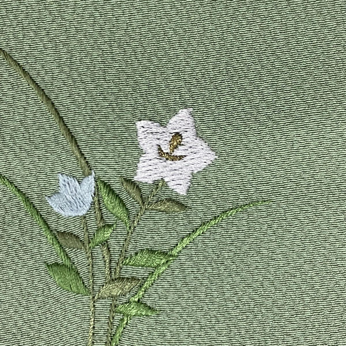 付下 身長162.5cm 袖長64.5cm M 雙層 花籠 桔梗 刺繡 金線 灰綠 純蠶絲 優品級
