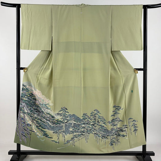 【庫存清倉】 留袖禮服禮服 身長155.5cm 袖長63cm S 雙層 加賀友禪 杉浦伸 落款あり 松樹枝花 漸層 抹茶 純蠶絲 名品級 一個紋
