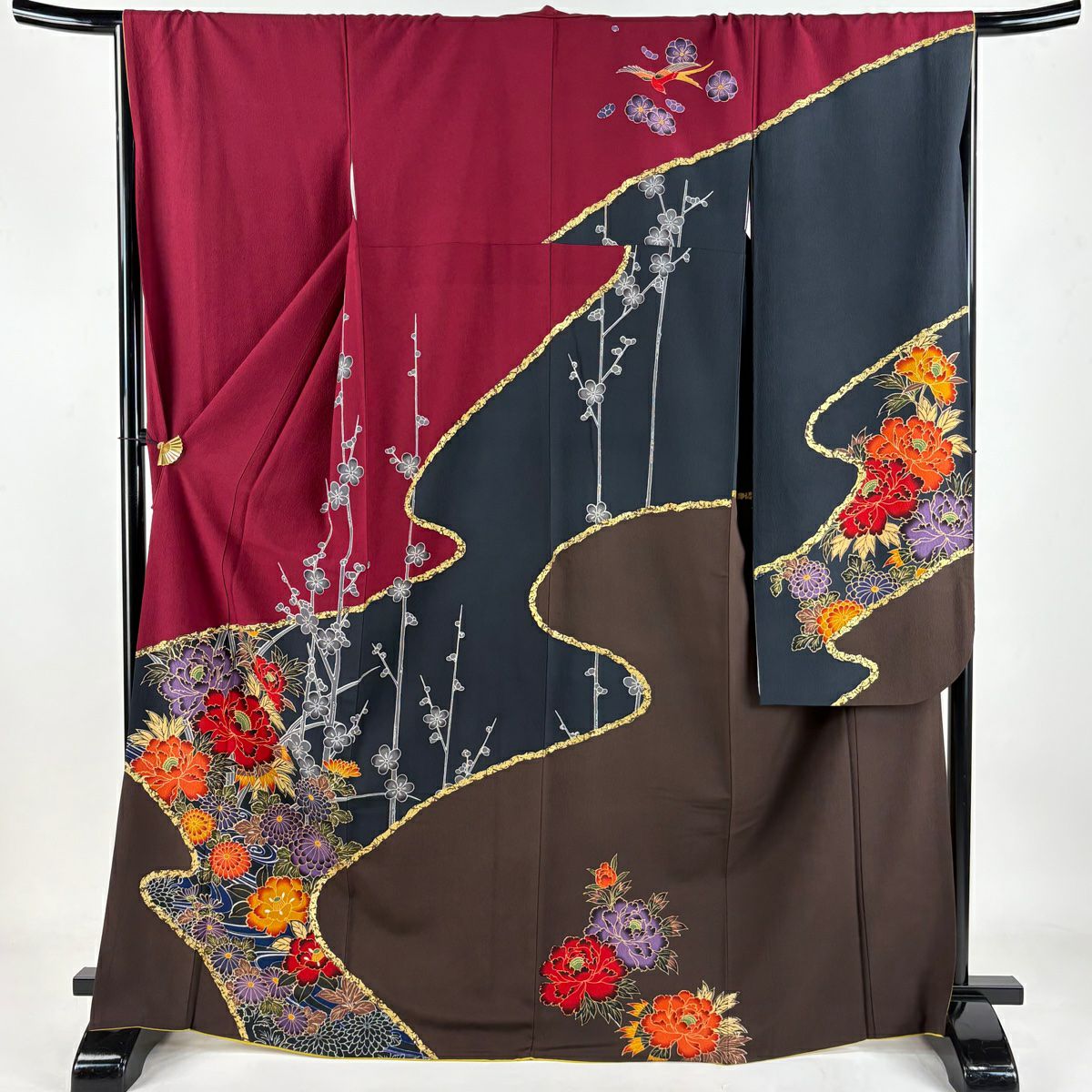 【清倉特賣】振袖禮服 身長167.5cm 袖長68cm L 雙層 牡丹 流水 金銀彩 染分 玫瑰紅 純蠶絲 名品級