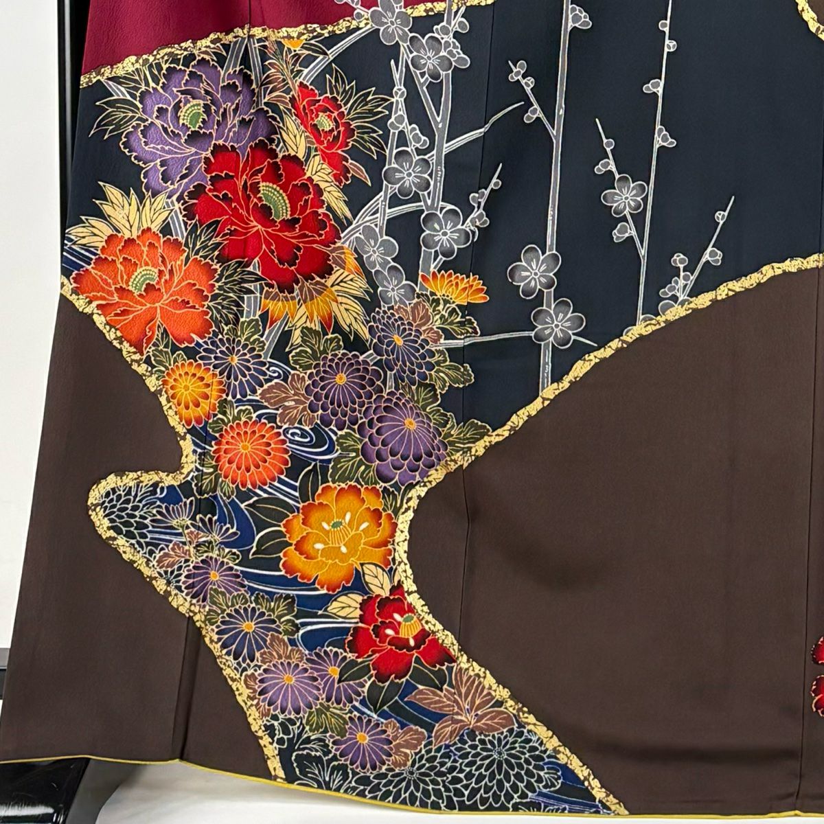 【清倉特賣】振袖禮服 身長167.5cm 袖長68cm L 雙層 牡丹 流水 金銀彩 染分 玫瑰紅 純蠶絲 名品級