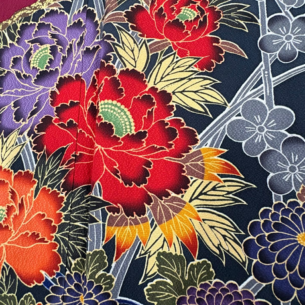 【清倉特賣】振袖禮服 身長167.5cm 袖長68cm L 雙層 牡丹 流水 金銀彩 染分 玫瑰紅 純蠶絲 名品級