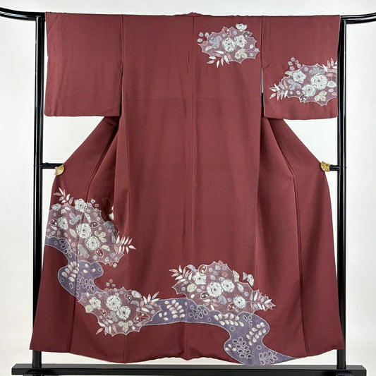 【庫存清倉】訪問服 身長152.5cm 袖長64cm M 雙層 辻花染 縮緬 小豆 純蠶絲 名品級