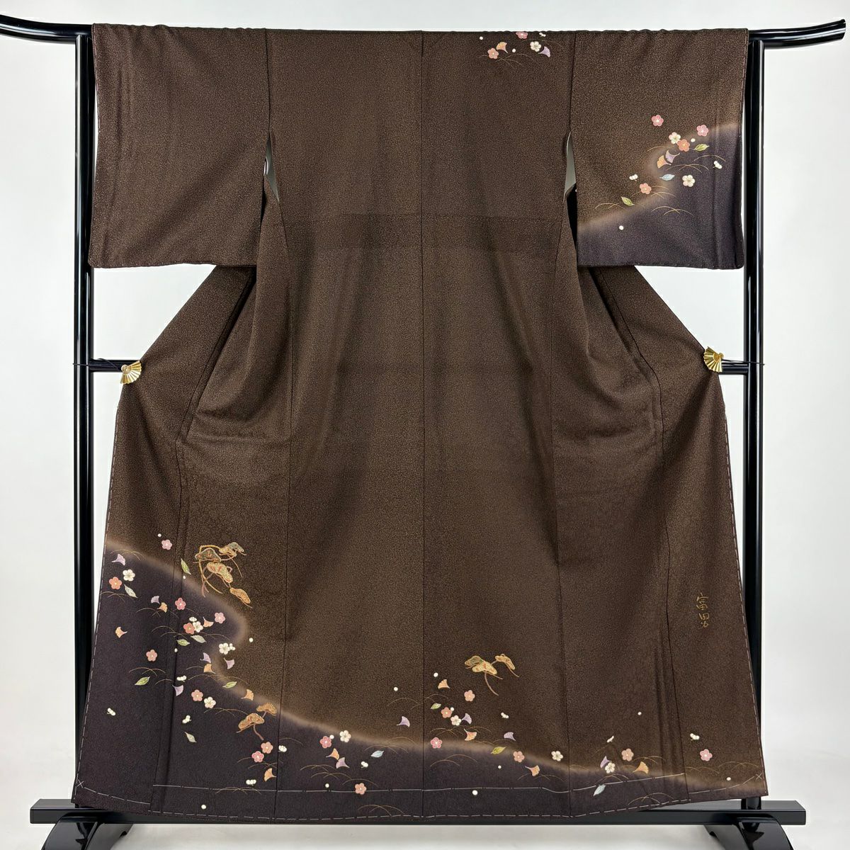 【庫存清倉】訪問服 身長158.5cm 袖長64cm M 雙層 紬織織 落款あり 笠松樹 吹寄 金銀彩 刺繡 焦茶 純蠶絲 名品級