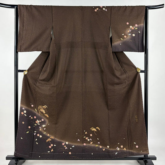 【庫存清倉】訪問服 身長158.5cm 袖長64cm M 雙層 紬織織 落款あり 笠松樹 吹寄 金銀彩 刺繡 焦茶 純蠶絲 名品級