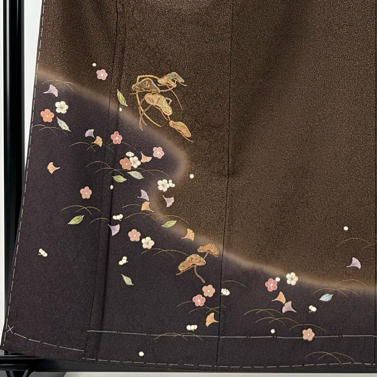 【庫存清倉】訪問服 身長158.5cm 袖長64cm M 雙層 紬織織 落款あり 笠松樹 吹寄 金銀彩 刺繡 焦茶 純蠶絲 名品級