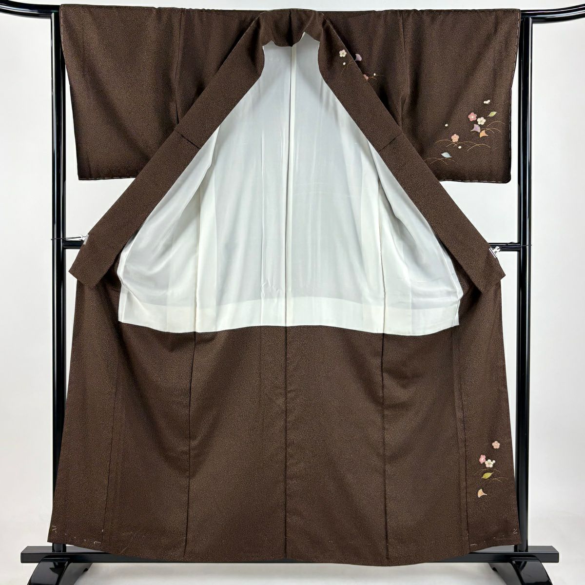 【庫存清倉】訪問服 身長158.5cm 袖長64cm M 雙層 紬織織 落款あり 笠松樹 吹寄 金銀彩 刺繡 焦茶 純蠶絲 名品級