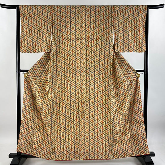 小紋 身長159cm 袖長64cm M 雙層 縱條紋 斜條紋 淺橙色 純蠶絲 美品 優品級