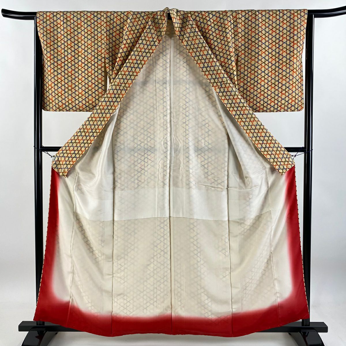 小紋 身長159cm 袖長64cm M 雙層 縱條紋 斜條紋 淺橙色 純蠶絲 美品 優品級