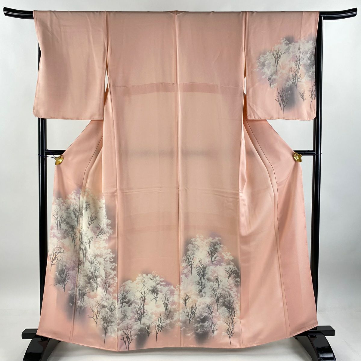 付下 身長161.5cm 袖長66cm M 雙層 樹木 漸層 鮭粉色 純蠶絲 優品級