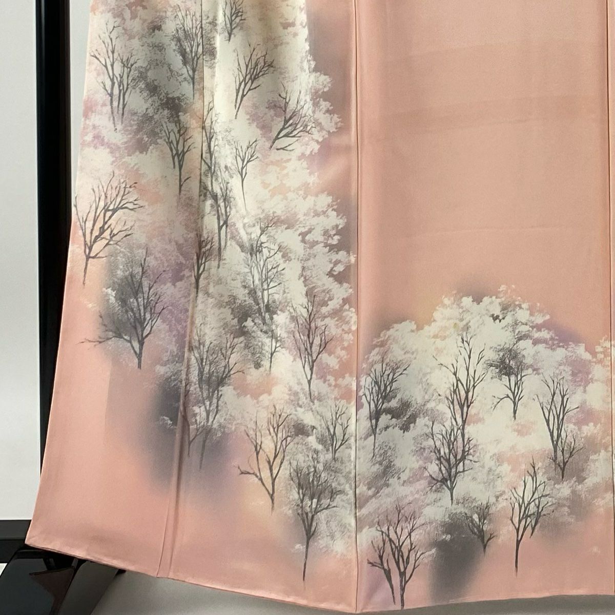 付下 身長161.5cm 袖長66cm M 雙層 樹木 漸層 鮭粉色 純蠶絲 優品級