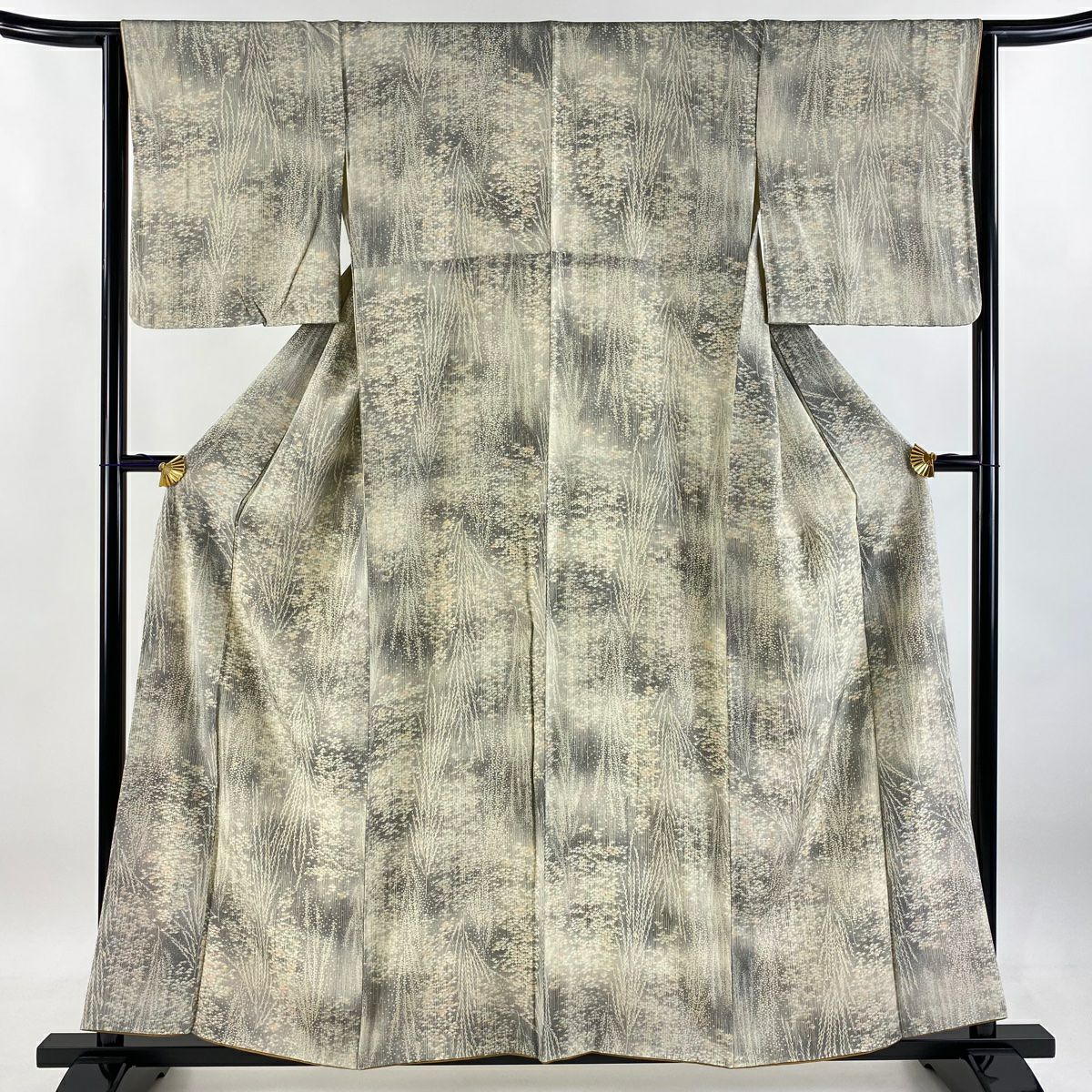 小紋 身長158.5cm 袖長62.5cm S 雙層 笹葉紋 灰綠 純蠶絲 美品 優品級