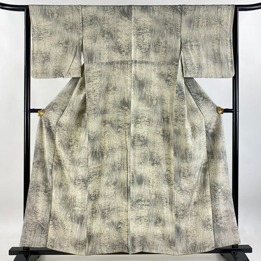 小紋 身長158.5cm 袖長62.5cm S 雙層 笹葉紋 灰綠 純蠶絲 美品 優品級