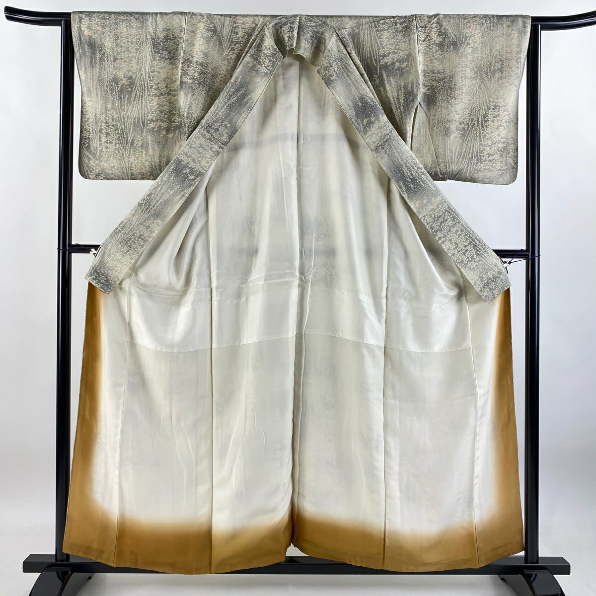 小紋 身長158.5cm 袖長62.5cm S 雙層 笹葉紋 灰綠 純蠶絲 美品 優品級