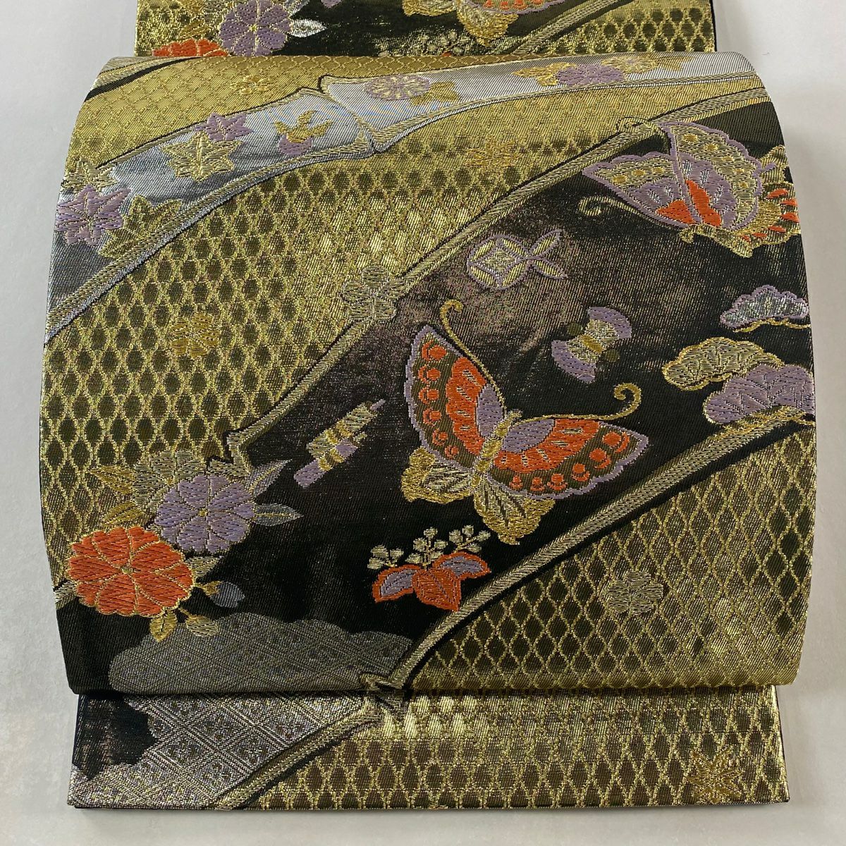 袋帶 美品 秀品級 蝶 松樹竹子梅花 金糸 金金箔 黑 六通 純蠶絲