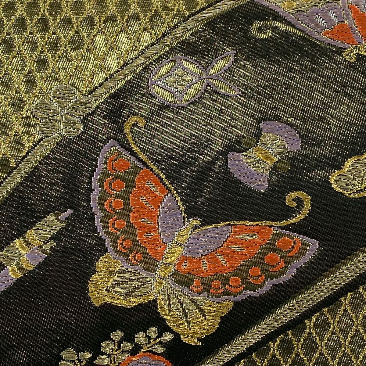 袋帶 美品 秀品級 蝶 松樹竹子梅花 金糸 金金箔 黑 六通 純蠶絲