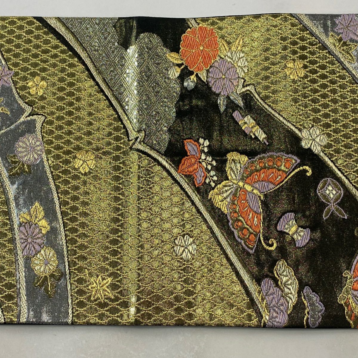 袋帶 美品 秀品級 蝶 松樹竹子梅花 金糸 金金箔 黑 六通 純蠶絲