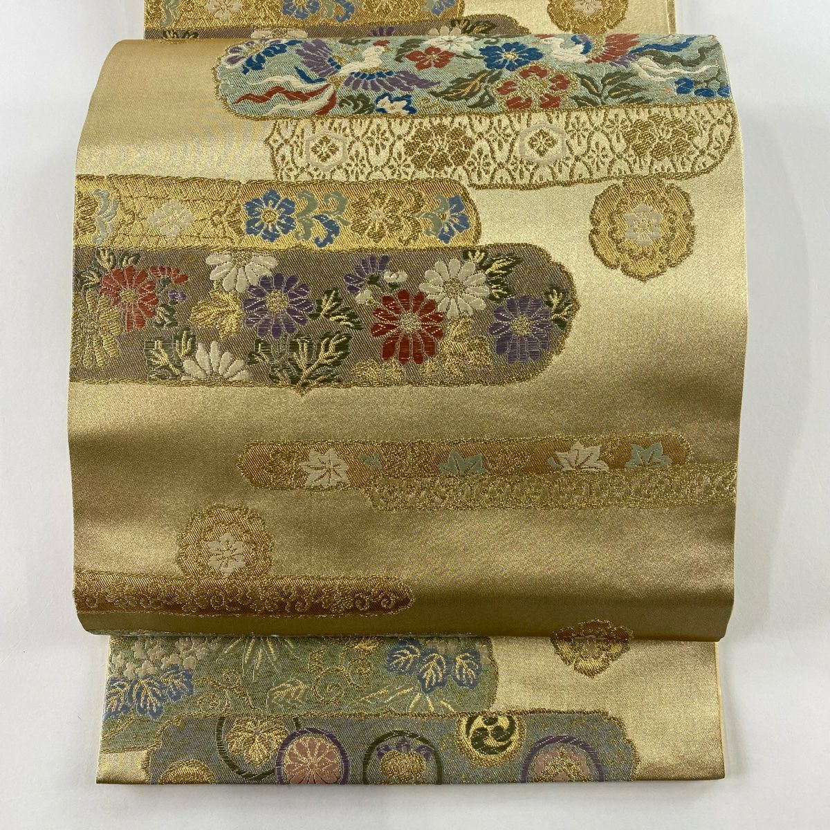 袋帶 美品 秀品級 花鳥 龜甲 金絲 金金箔 金 六通 純蠶絲