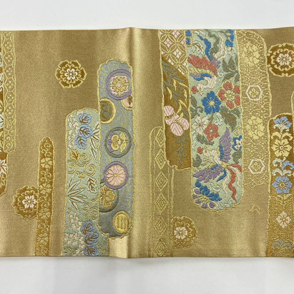 袋帶 美品 秀品級 花鳥 龜甲 金絲 金金箔 金 六通 純蠶絲