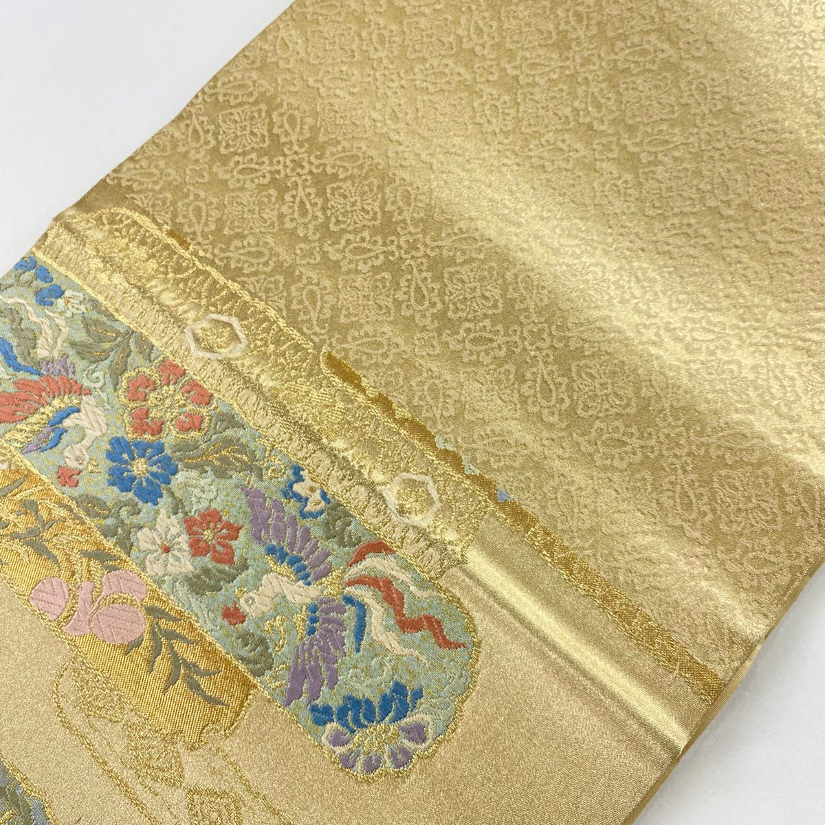 袋帶 美品 秀品級 花鳥 龜甲 金絲 金金箔 金 六通 純蠶絲
