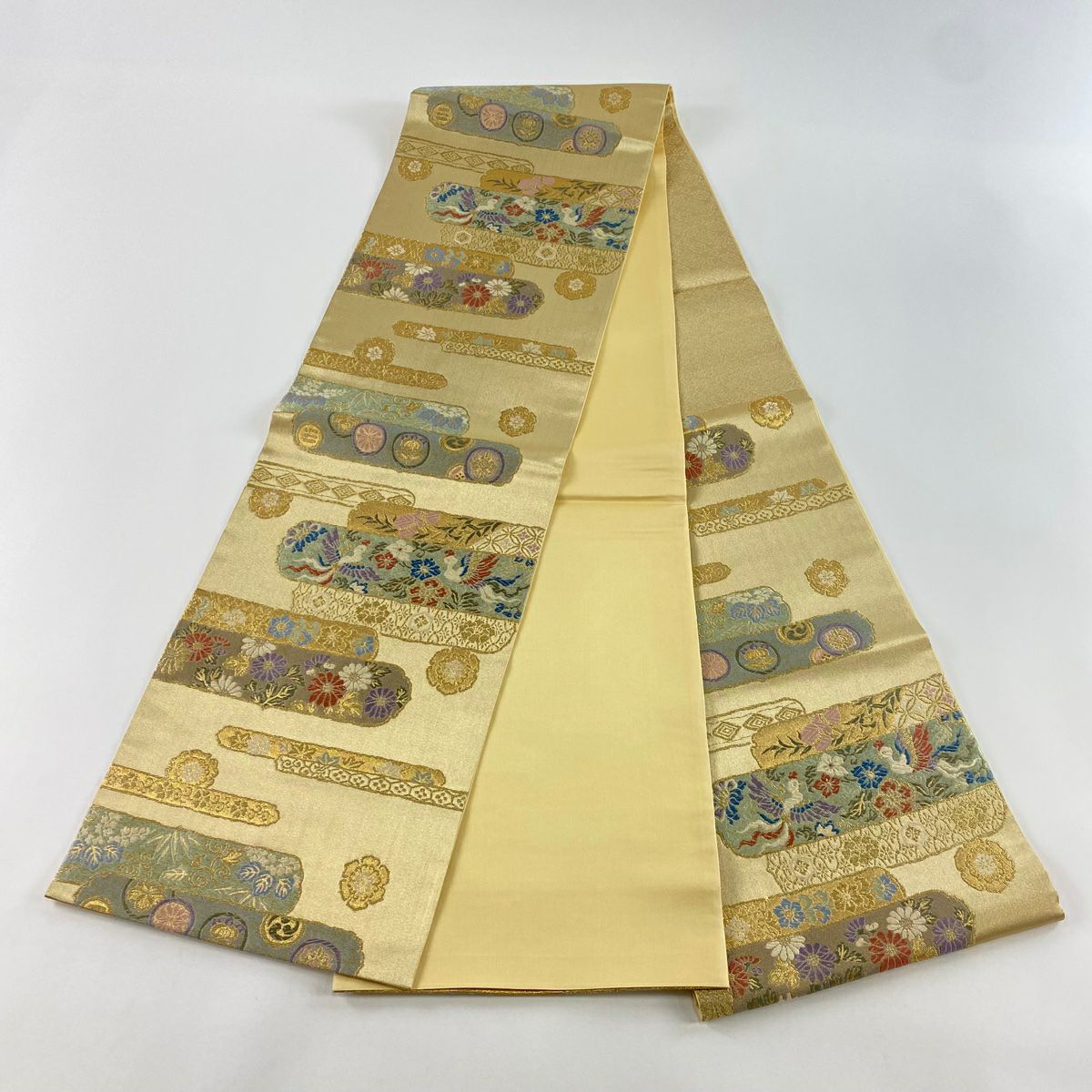 袋帶 美品 秀品級 花鳥 龜甲 金絲 金金箔 金 六通 純蠶絲