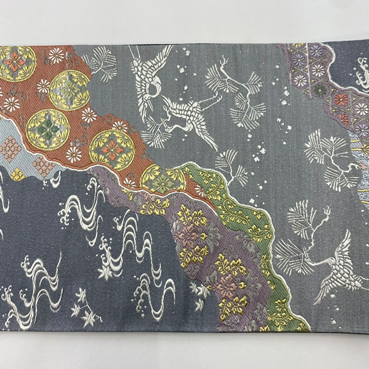 袋帶 美品 秀品級 有栖川綴 吉祥道長文 仙鶴 金糸 金金箔 灰 六通 純蠶絲