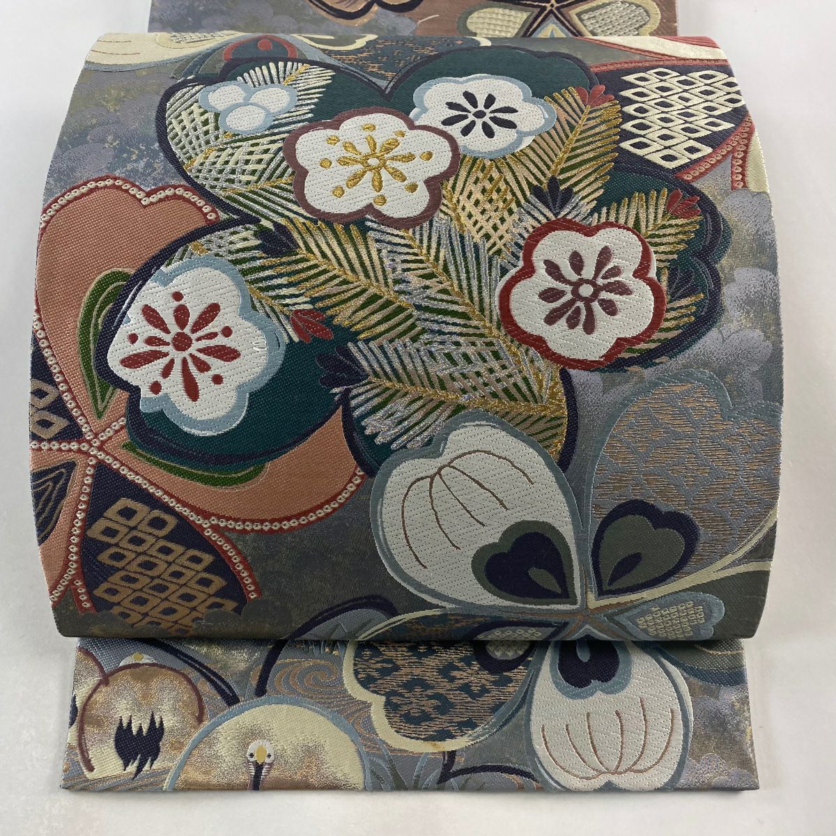 袋帶 美品 秀品級 櫻花 梅花花 金銀彩 金金箔 灰色 六通 純蠶絲