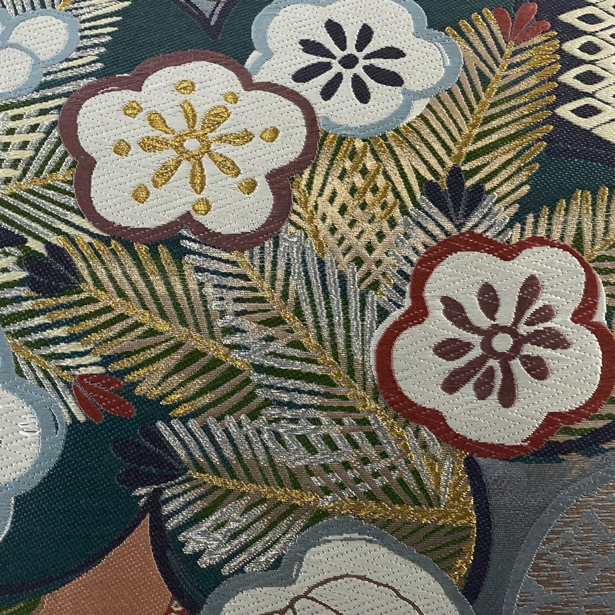 袋帶 美品 秀品級 櫻花 梅花花 金銀彩 金金箔 灰色 六通 純蠶絲