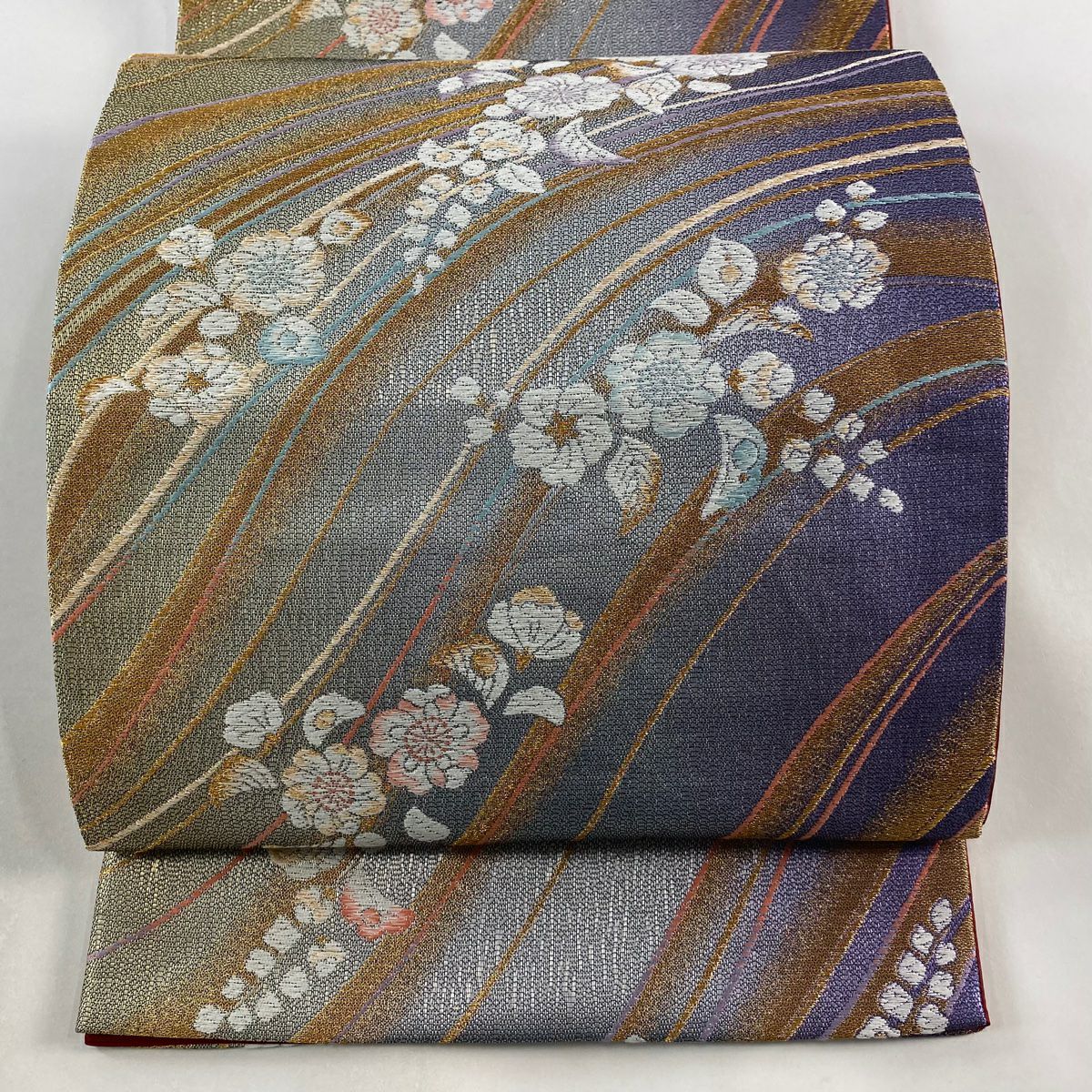 袋帶 美品 秀品級 辻花染圖案 流水 金絲 金金箔 灰紫 六通 純蠶絲