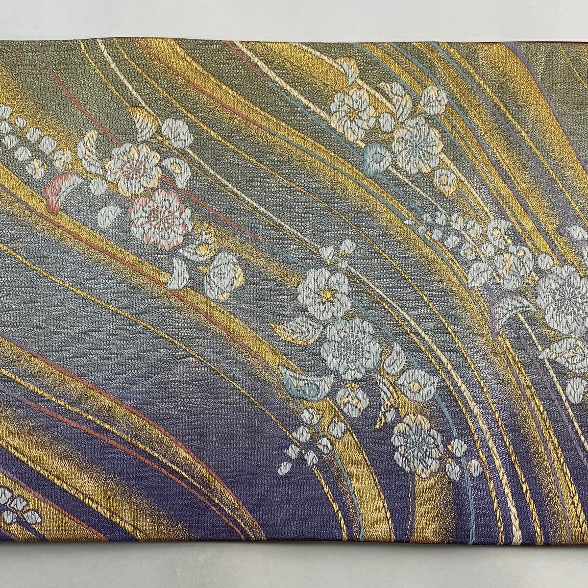 袋帶 美品 秀品級 辻花染圖案 流水 金絲 金金箔 灰紫 六通 純蠶絲