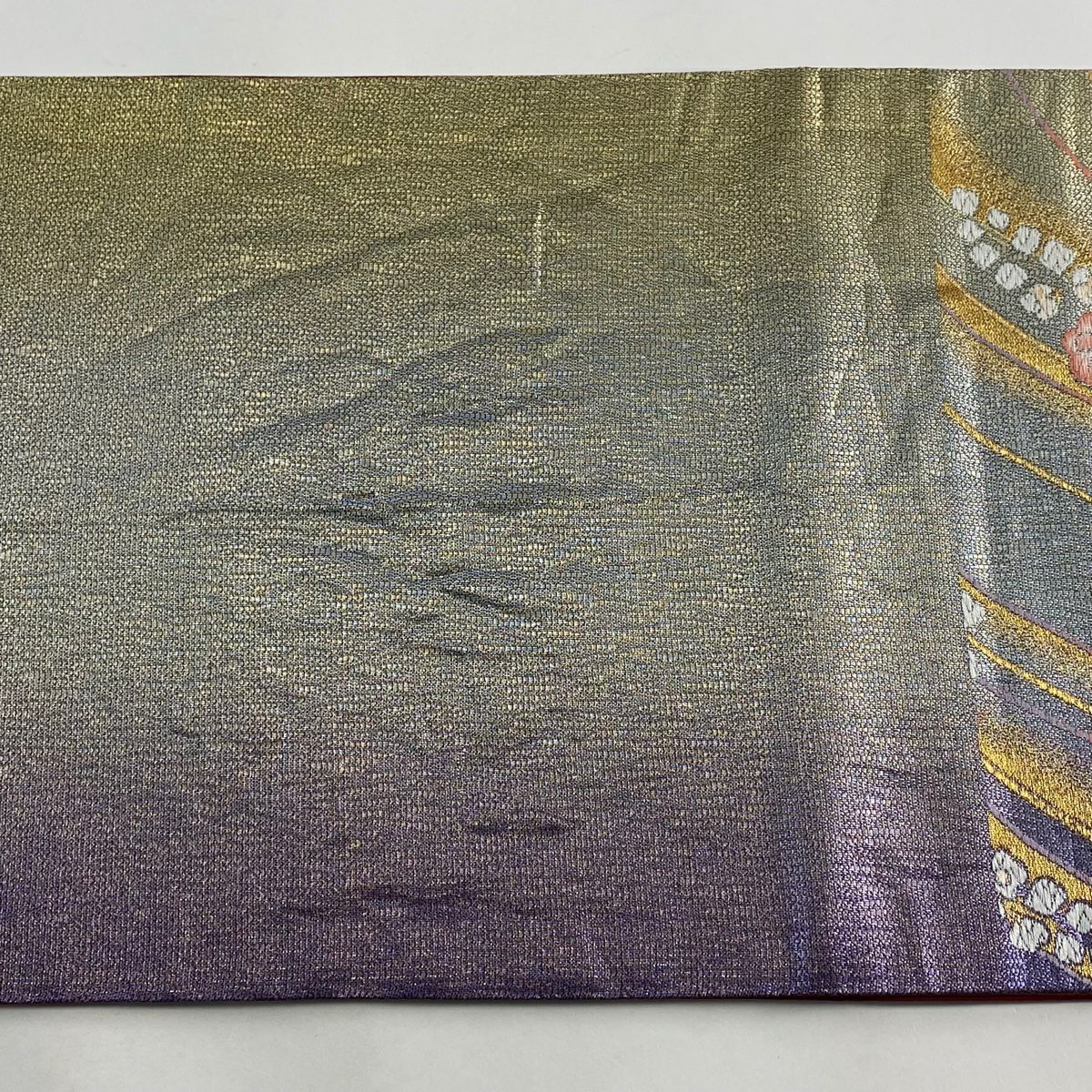 袋帶 美品 秀品級 辻花染圖案 流水 金絲 金金箔 灰紫 六通 純蠶絲