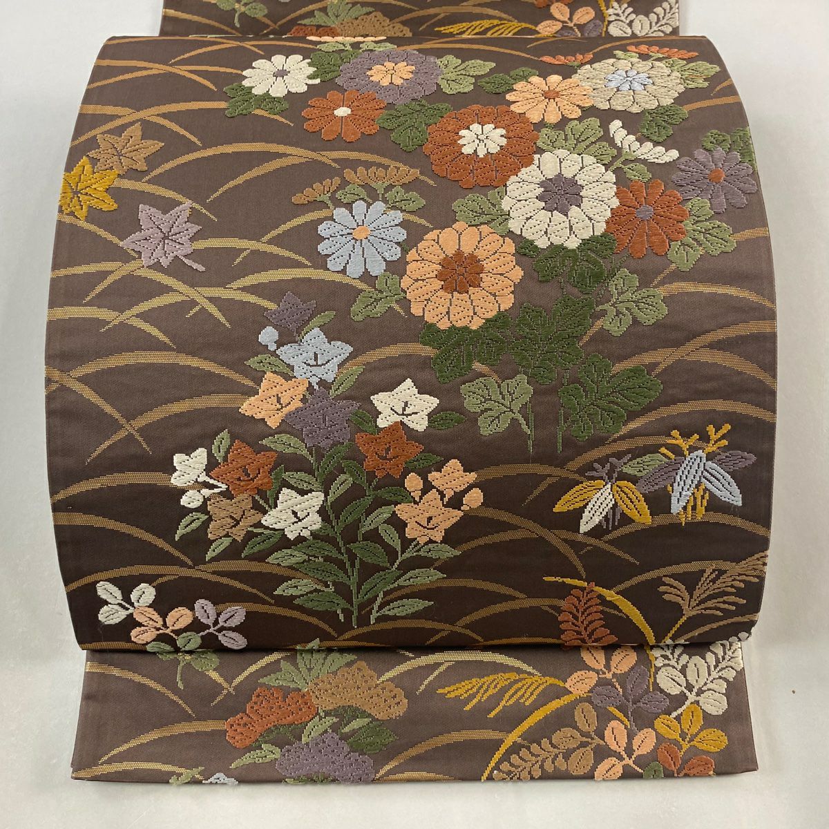 袋帶 秀品級 露芝 秋草 唐織 金金箔 小豆 深藍 六通 純蠶絲