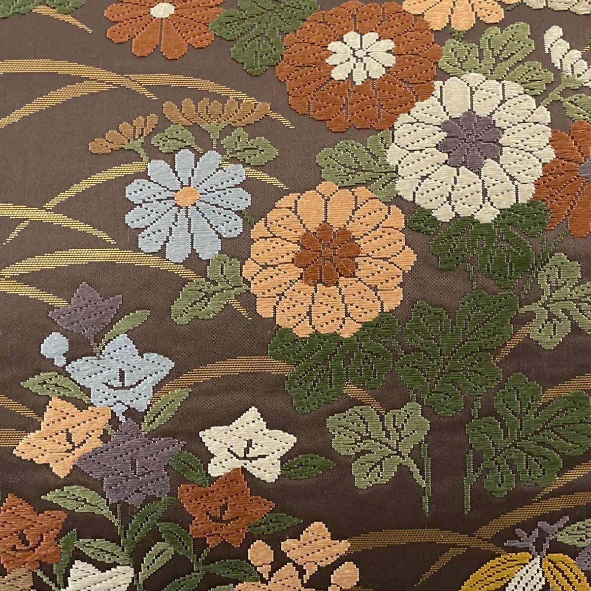 袋帶 秀品級 露芝 秋草 唐織 金金箔 小豆 深藍 六通 純蠶絲