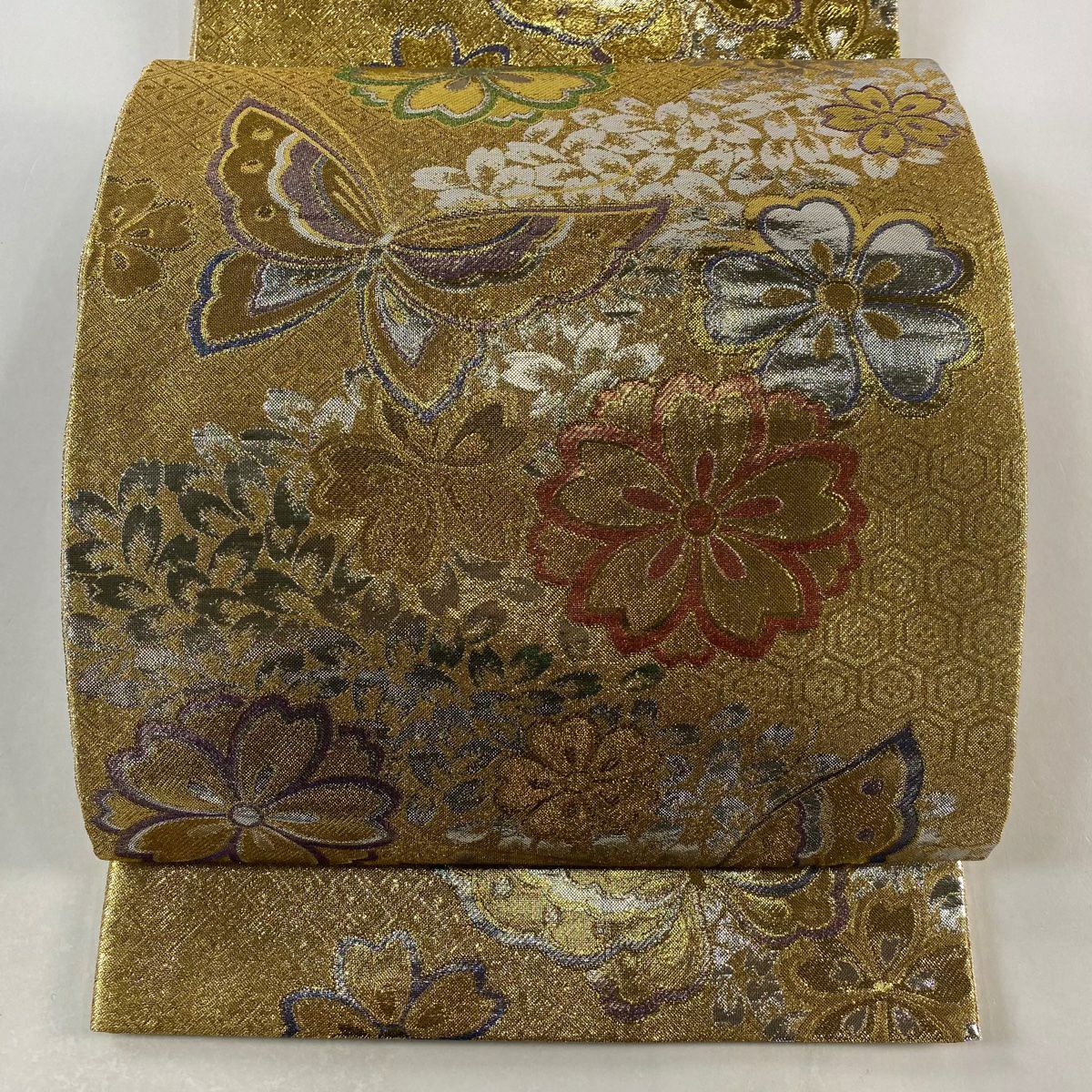 袋帶 美品 秀品級 蝴蝶 櫻花 金絲 金金箔 金色 六通 純蠶絲